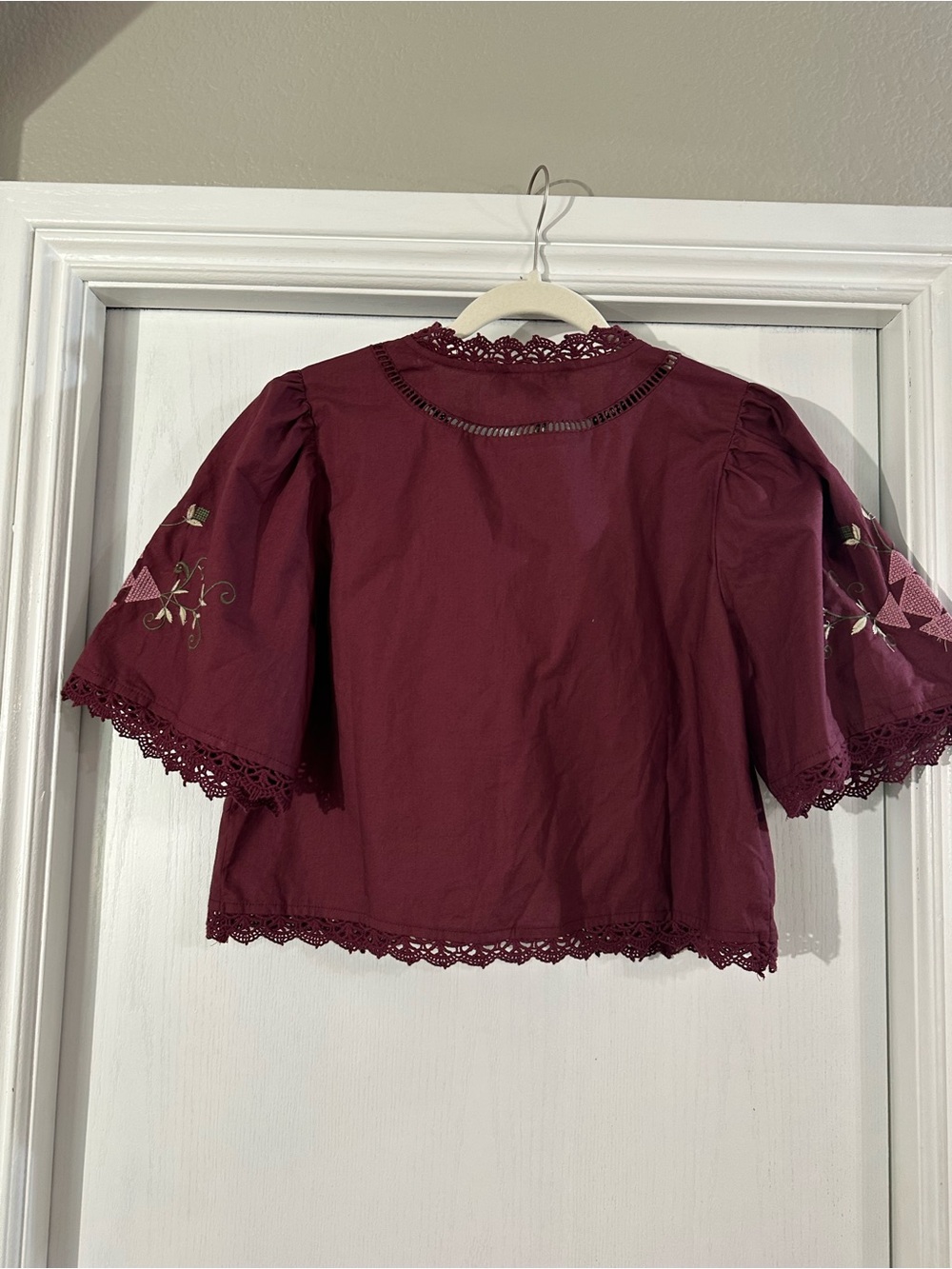 Women’s Embroidered Lace-Up Blouse - Burgundy - Picture 3 of 4